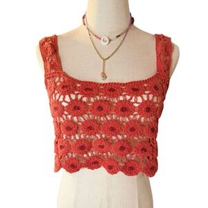 Julia by Love J Crochet Crop Top Rust Orange Red Floral Knit Boho Sleeveless M
